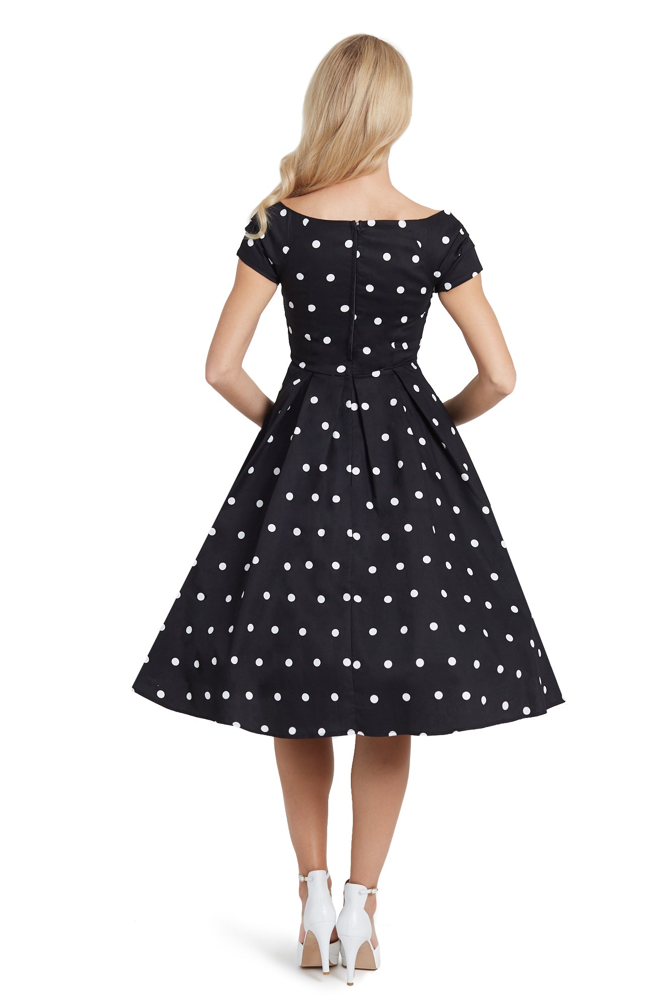 Lily Off Shoulder Polka Dot Full Circle Dress in Black & White