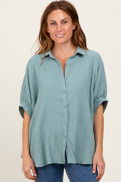 Light Olive Checker Print Short Sleeve Oversized Maternity Blouse