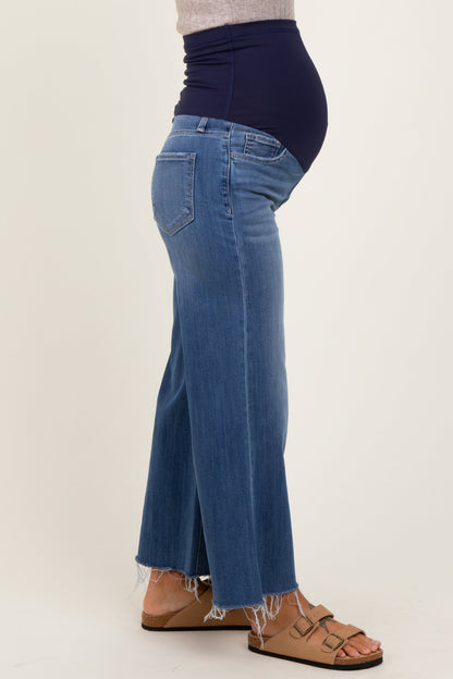 Blue Raw Hem Cropped Wide Leg Maternity Jeans