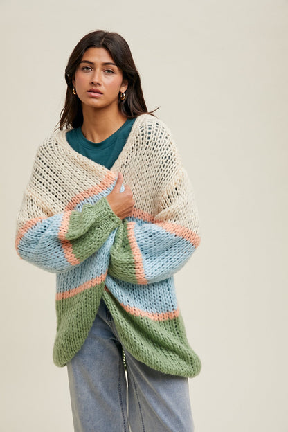 Blue Colorblock Open Knit Maternity Cardigan