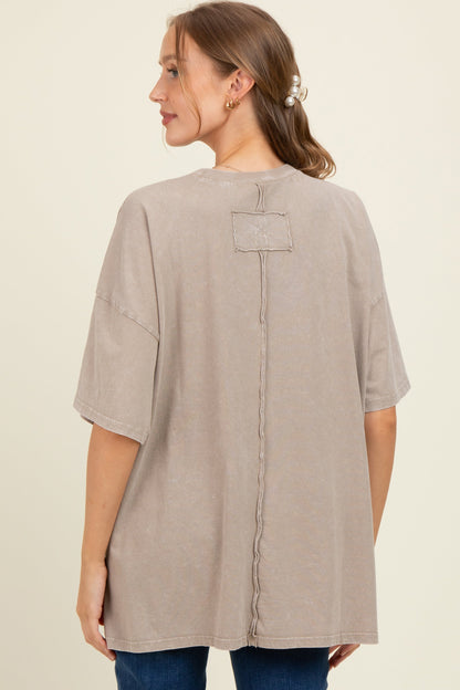 Taupe Mineral Wash Crochet Pocket Maternity Top