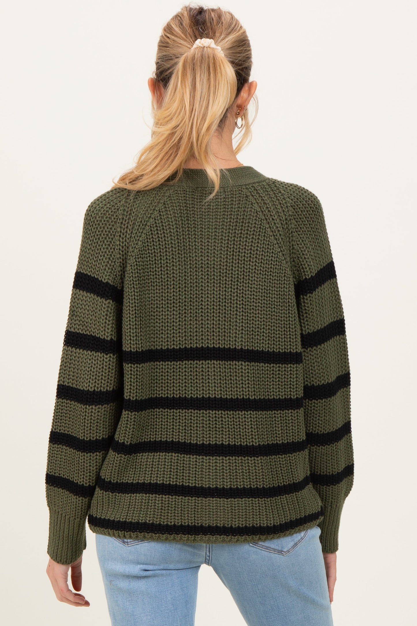 Olive Striped Chunky Knit Maternity Button Cardigan