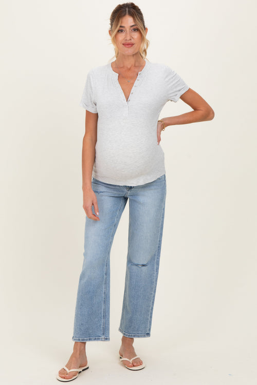 Light Blue Distressed Open Knee Ankle Straight Leg Maternity Jeans