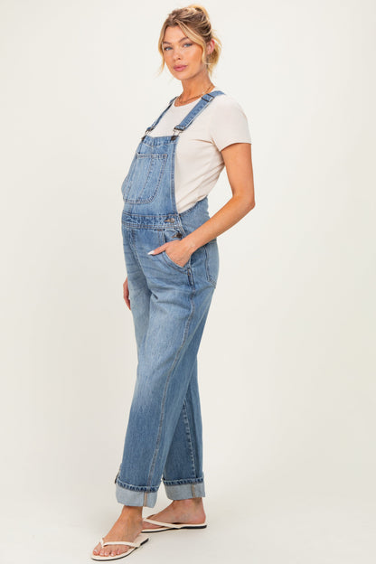 Blue Wide Leg Maternity Denim Cuffed Overalls