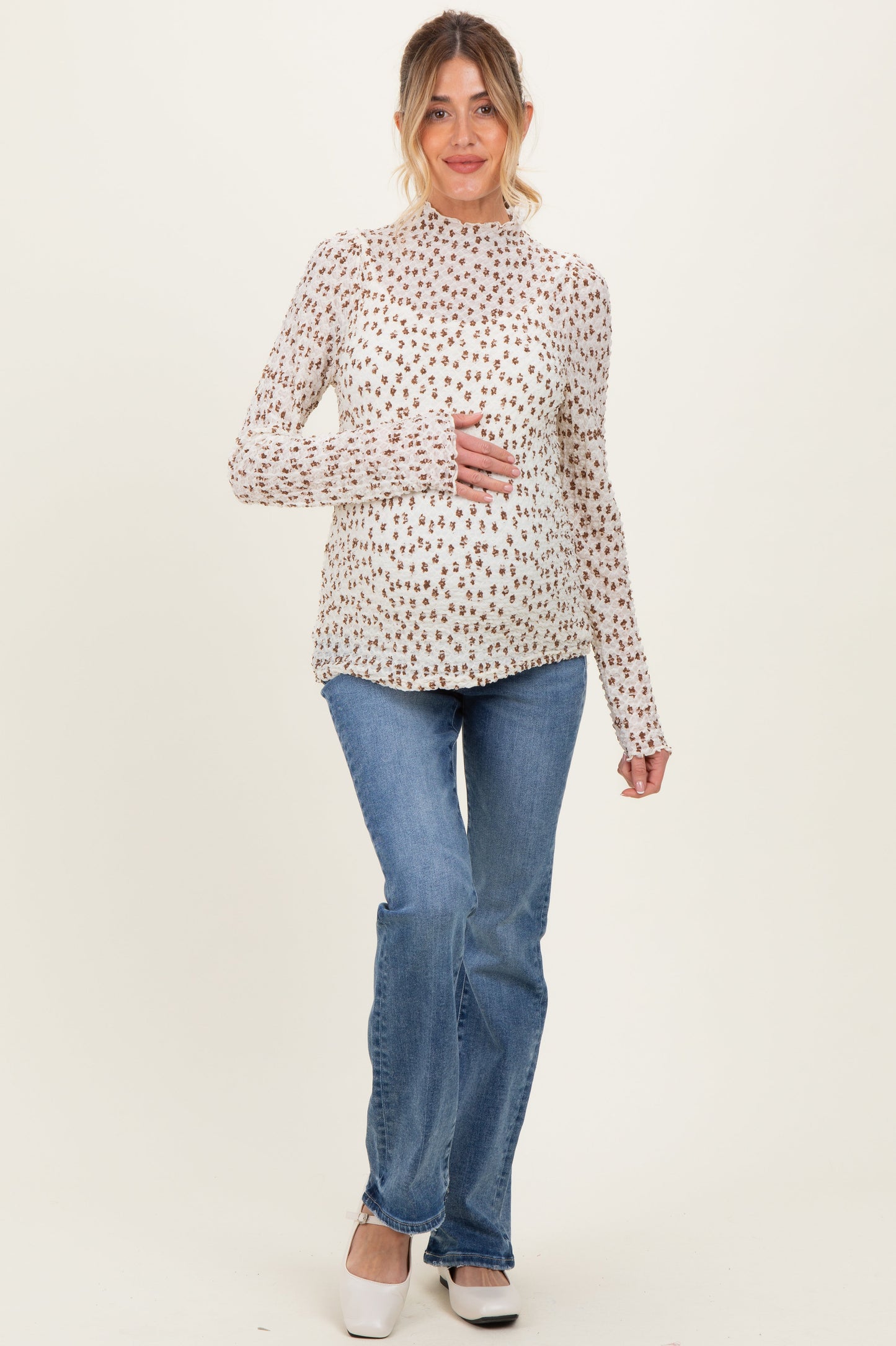 Cream Floral Sheer Mock Neck Maternity Fitted Top