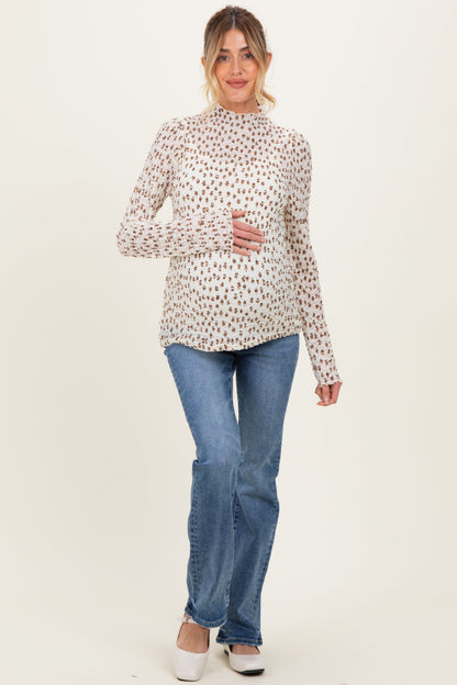 Cream Floral Sheer Mock Neck Maternity Fitted Top