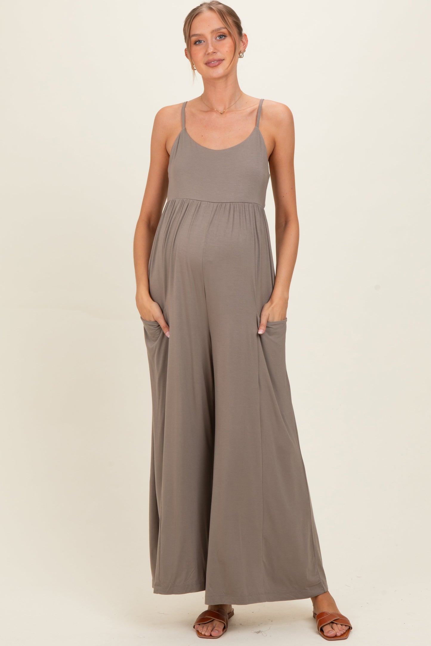 Moss Brown Sleeveless Wide Leg Maternity Jumpsuit