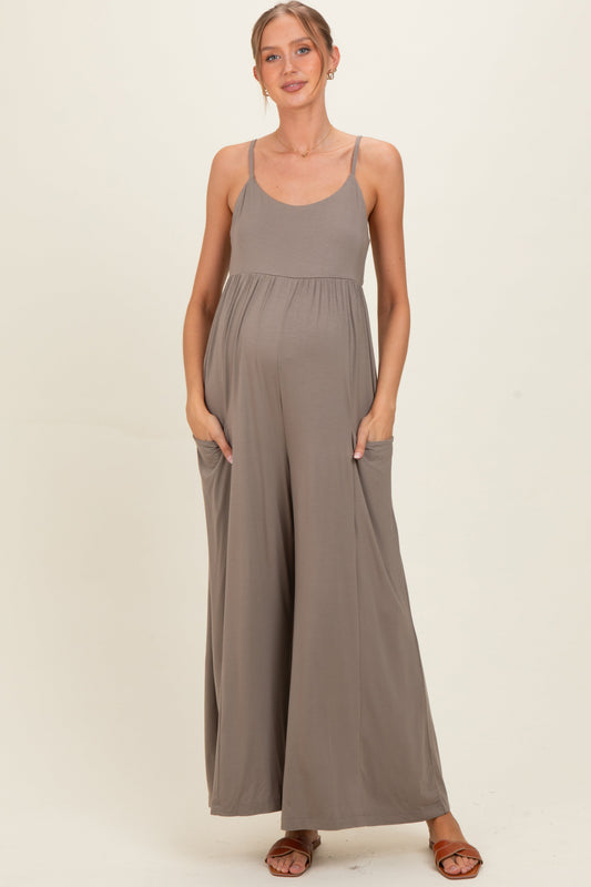 Moss Brown Sleeveless Wide Leg Maternity Jumpsuit
