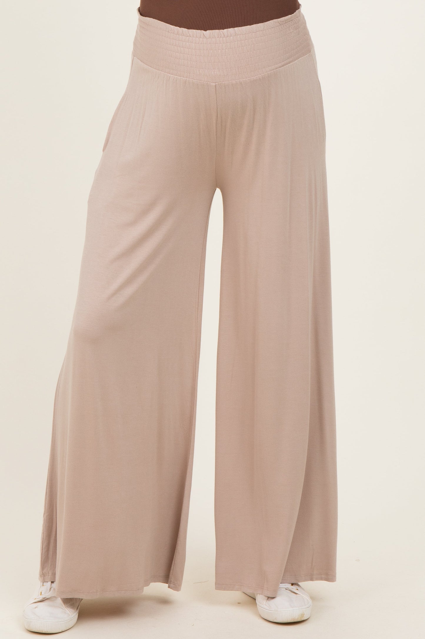 Ash Mocha Smocked Waist Wide Leg Maternity Pants