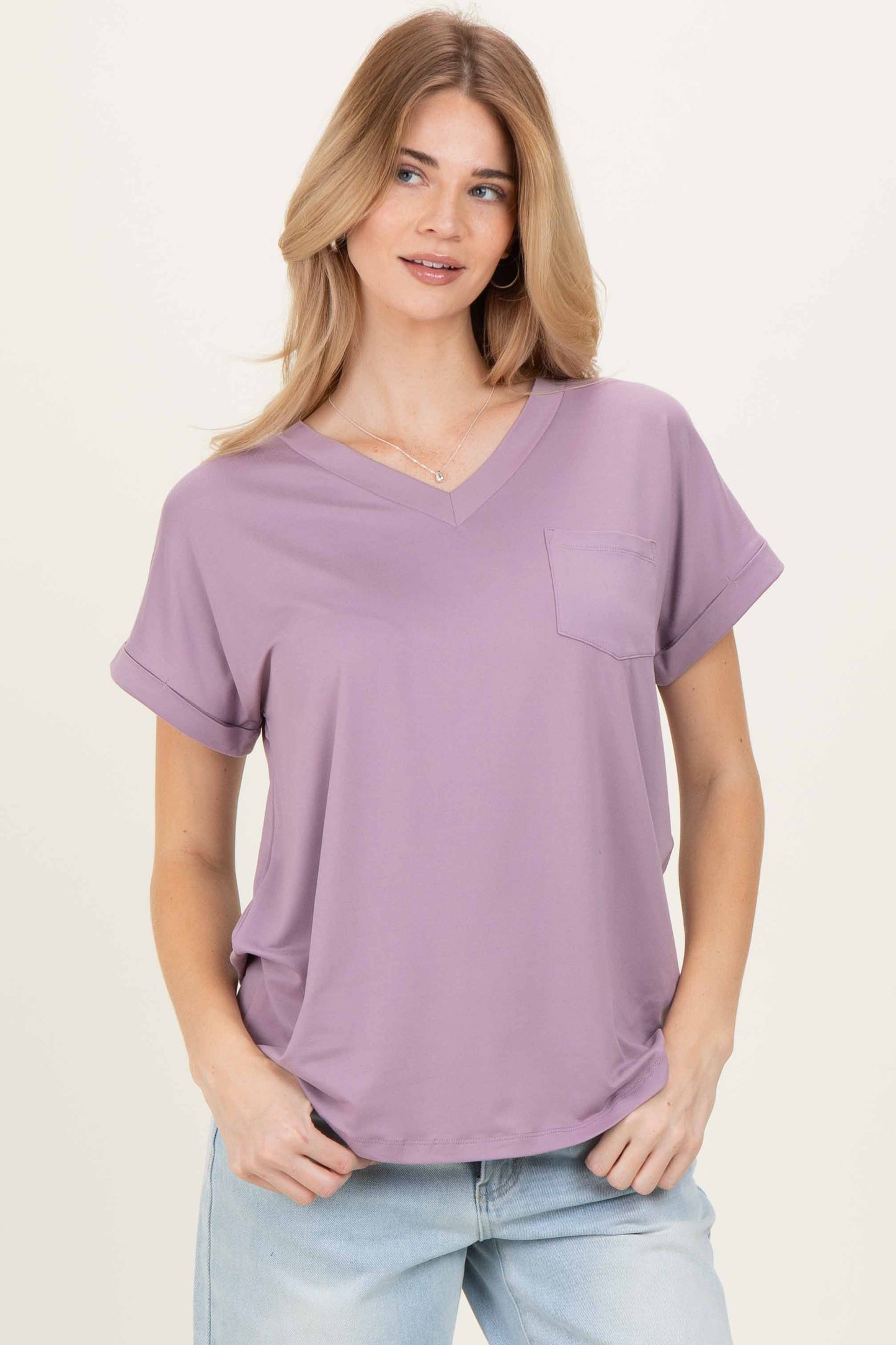 Lavender V-Neck Pocket Short Sleeve Maternity Shirt