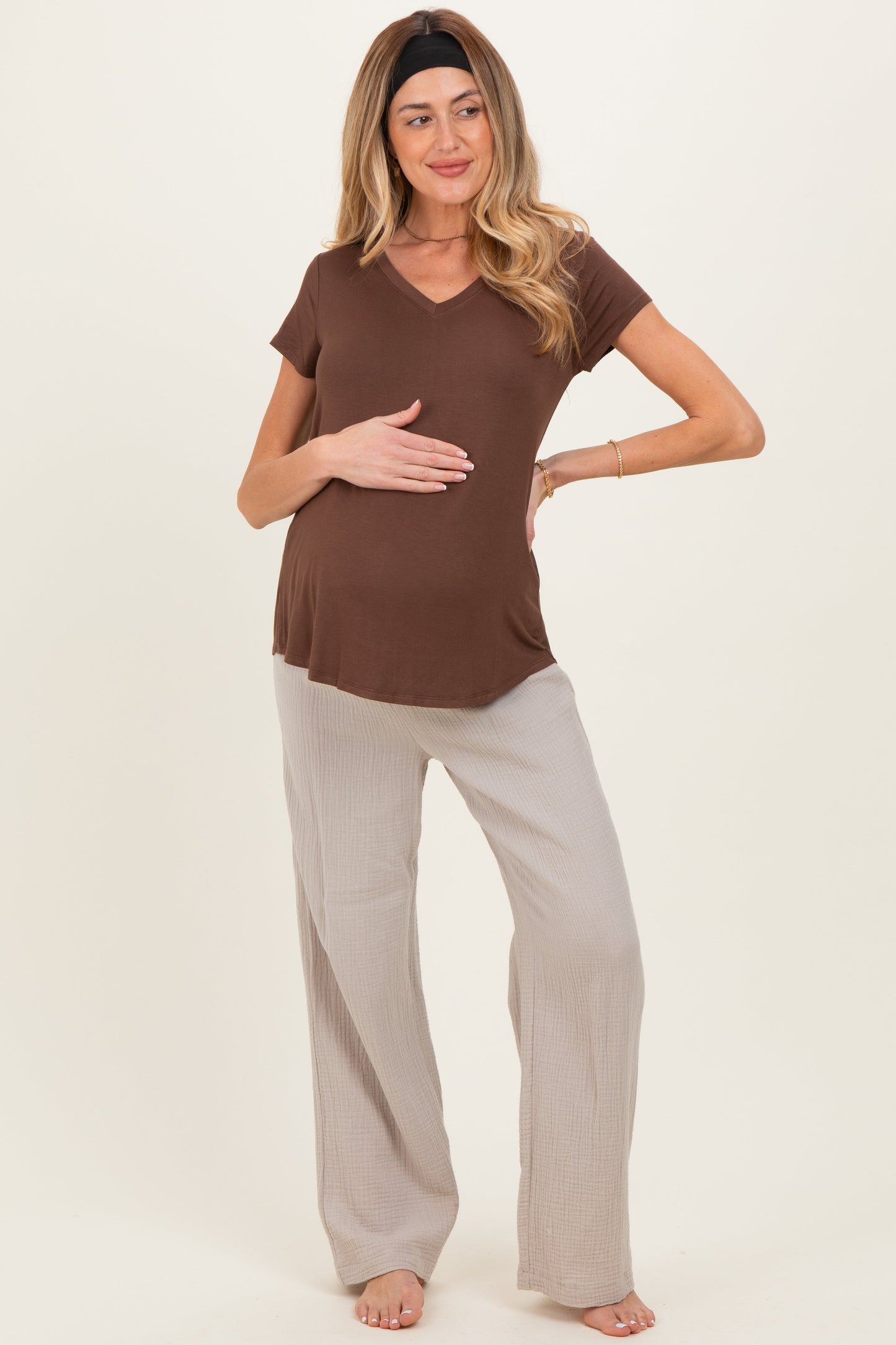 Brown Basic V-Neck Short Sleeve Maternity Top