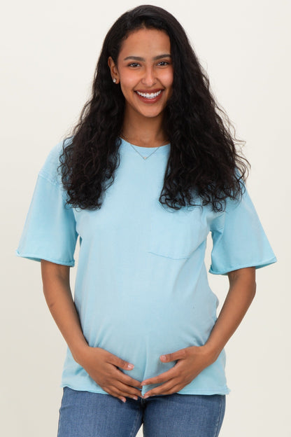 Light Blue Vintage Wash Raw Edge Pocket Maternity T-Shirt