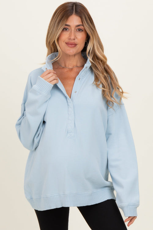 Light Blue Snap Collar Oversized Maternity Sweatshirt