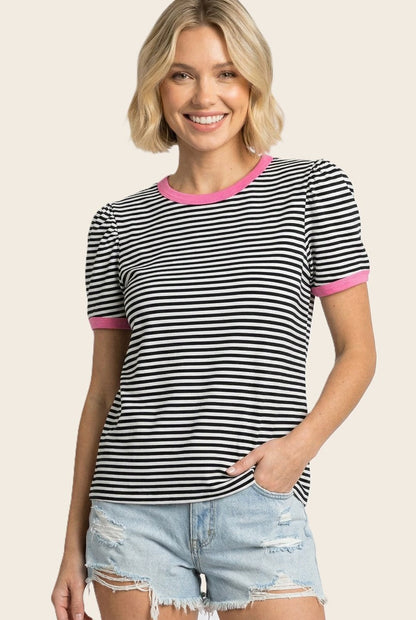 Navy Short Striped Puff Sleeve Maternity Top
