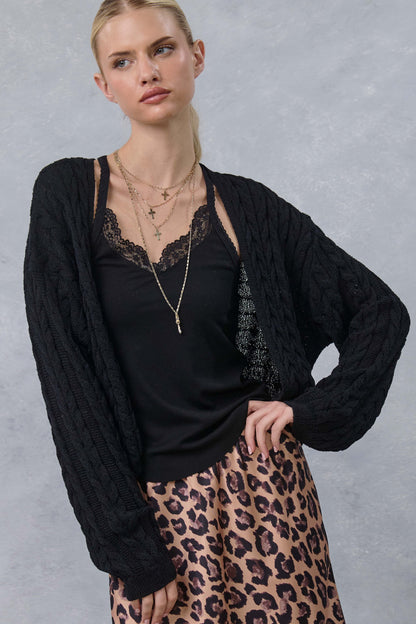 Black Dolman Sleeve Boho Cable Knit Maternity Cardigan