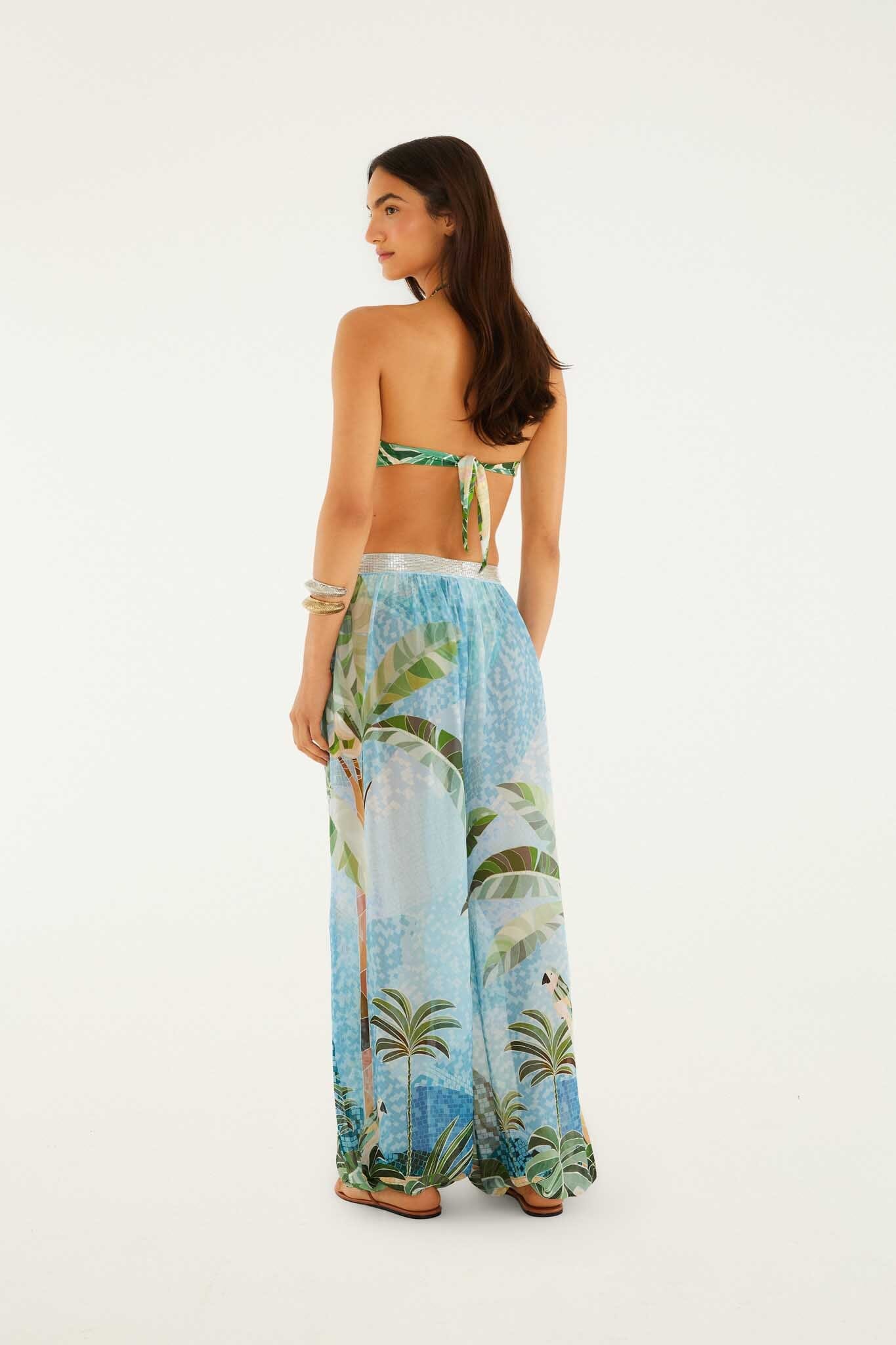 Blue Embroidered Side Buttons Balloon Pants