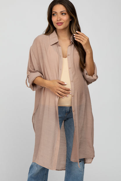 Taupe Button Front Side Slit Oversized Maternity Blouse
