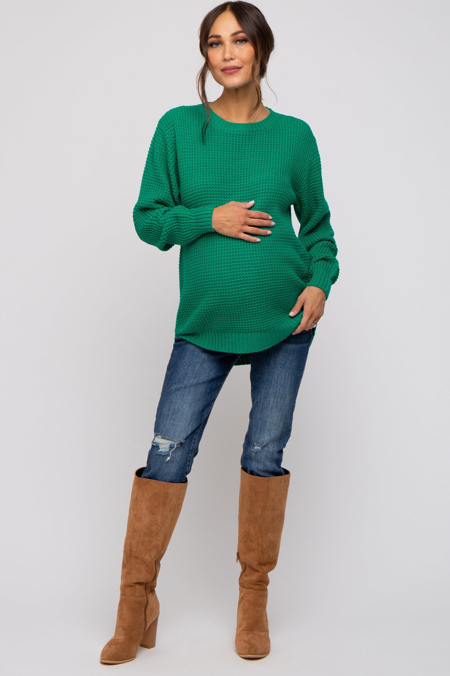 Emerald Green Waffle Knit Round Hem Maternity Sweater