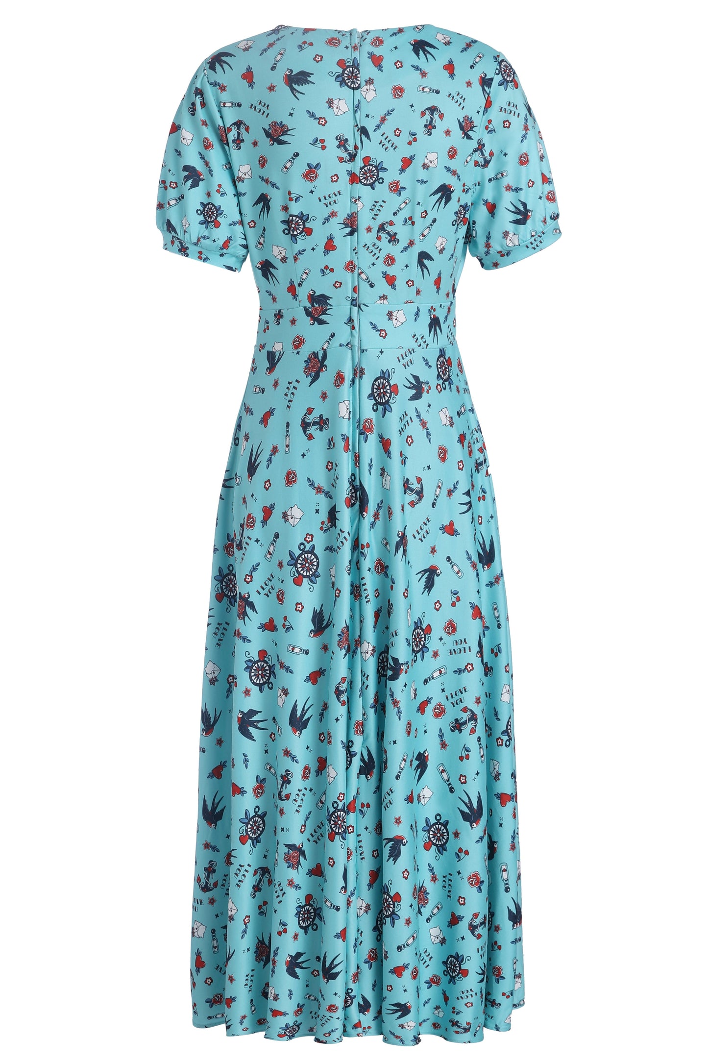 Julia Blue Rockabilly Swallow Sleeved Dress