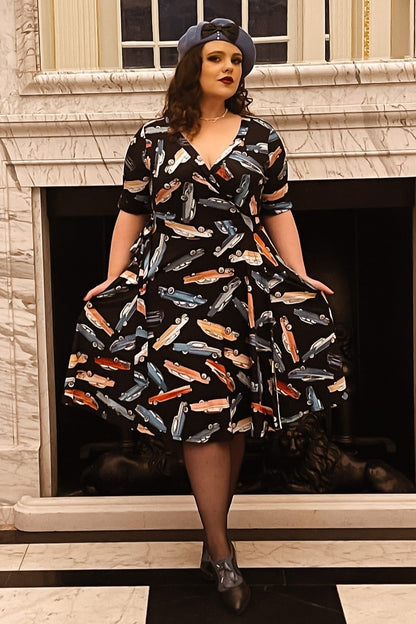 Matilda Classic Car Print Knit Wrap Dress in Black