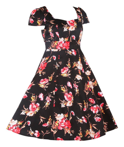 Claudia Flirty Fifties Swing Floral Dress in Black/Pink