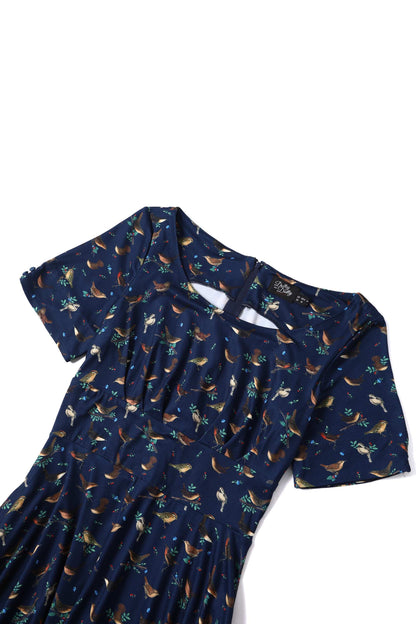 Brenda Navy Blue Bird Print Dress