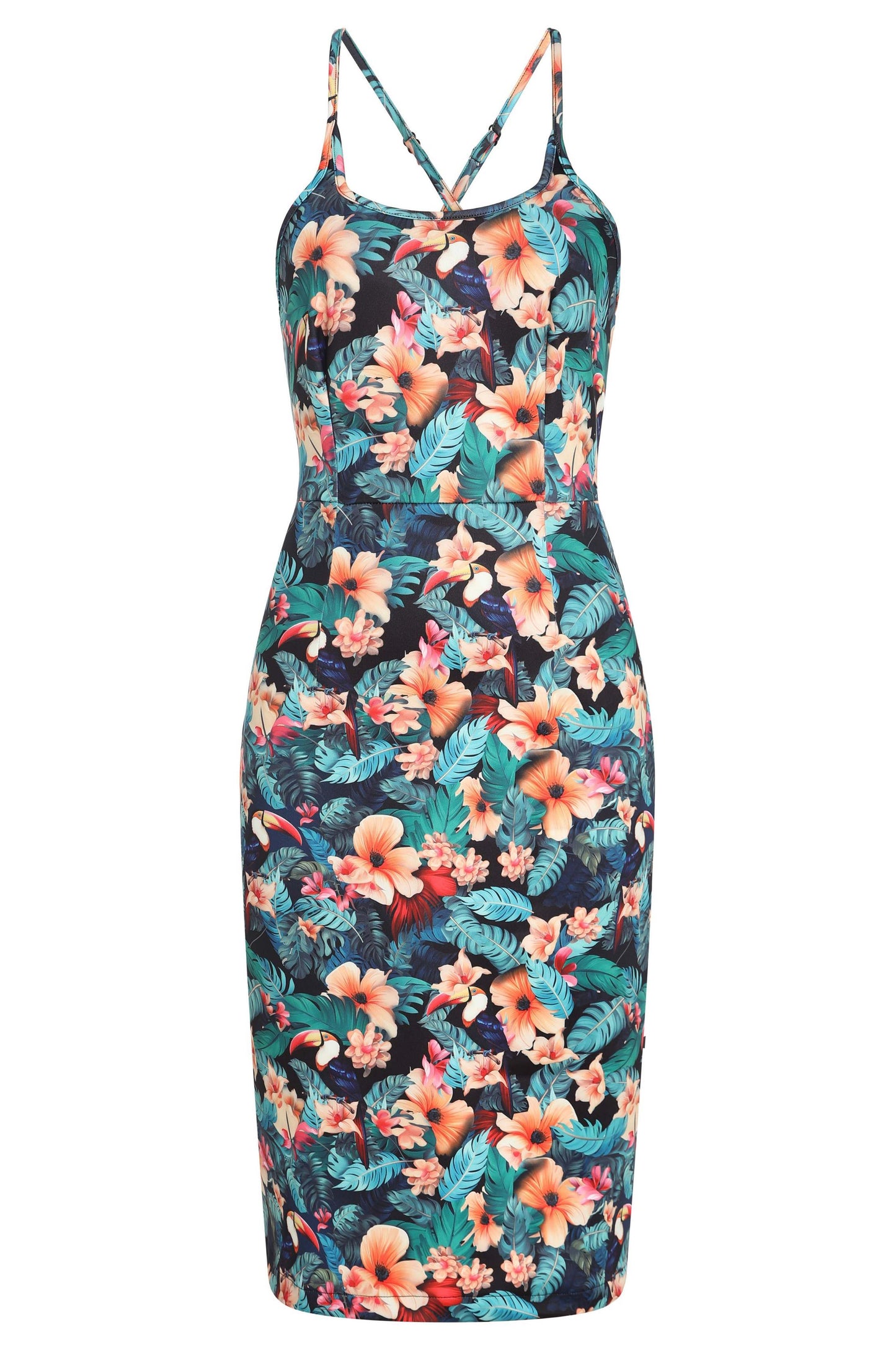 Norma Cross Strap Pencil Dress in Black Toucan Print