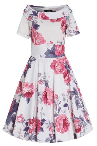 Darlene Pastel Roses Flared Dress In White
