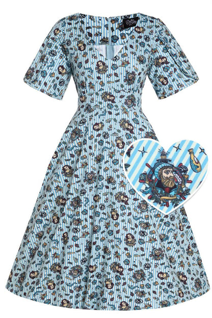 Janice Sleeved Tea Dress in Blue Striped Nautical Print