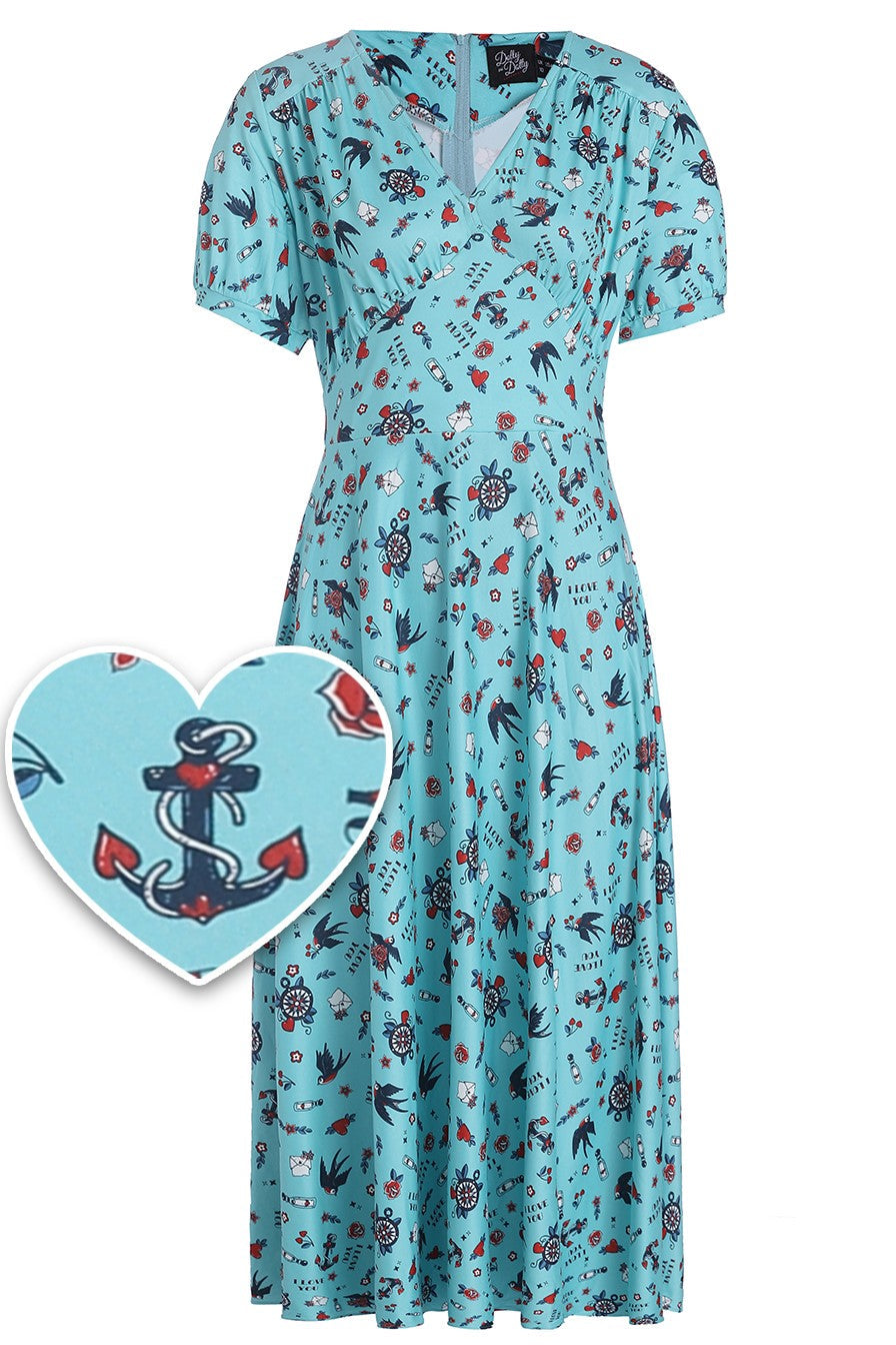 Julia Blue Rockabilly Swallow Sleeved Dress