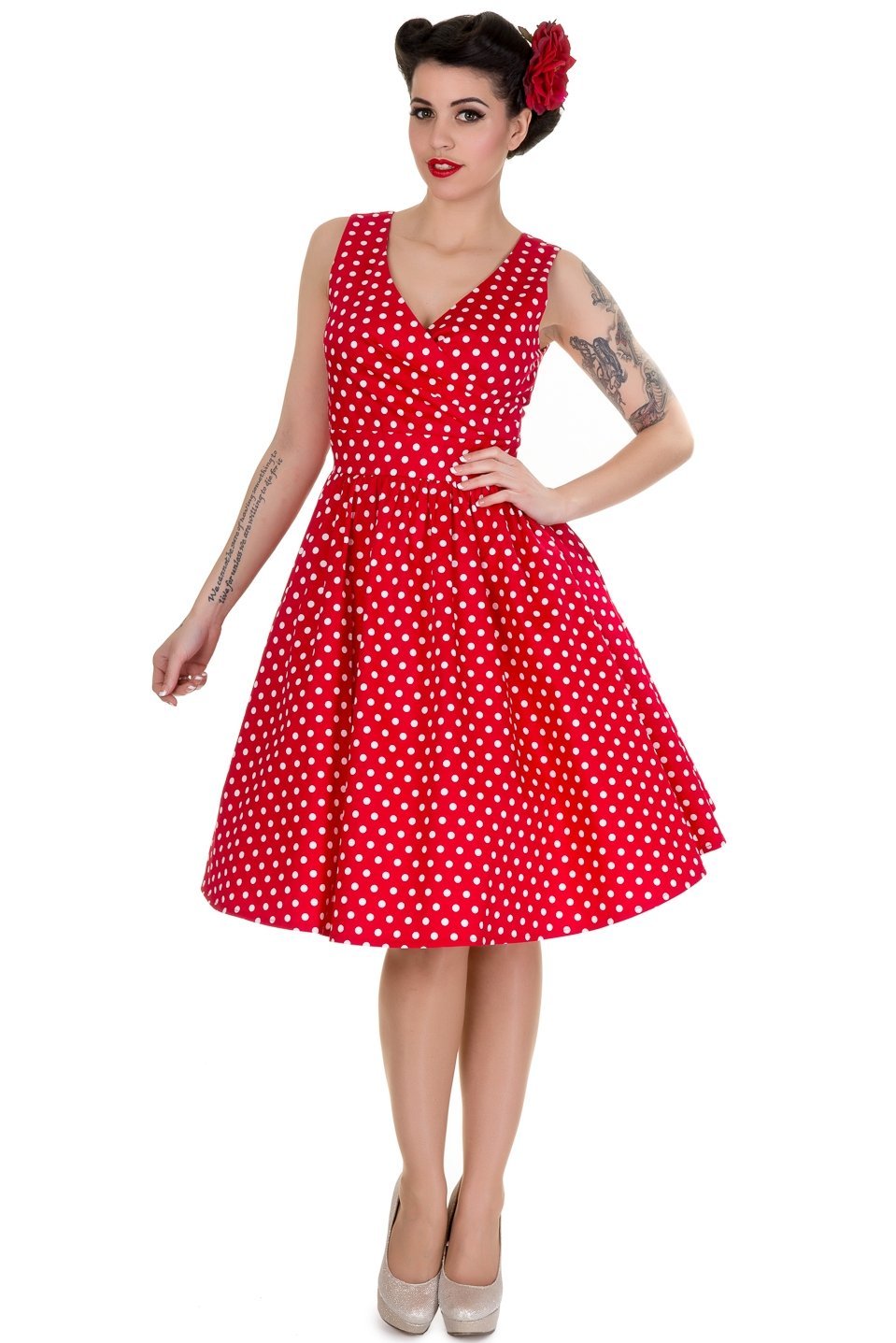 May Crossover Bust Red Polka Dots Swing Dress