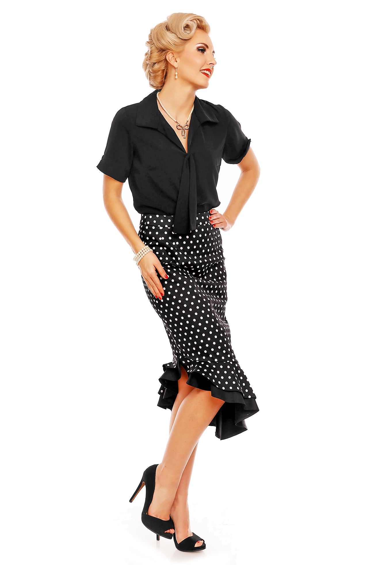 Madison High Waist 50s Style Ruffle Skirt In Black Polka Dots