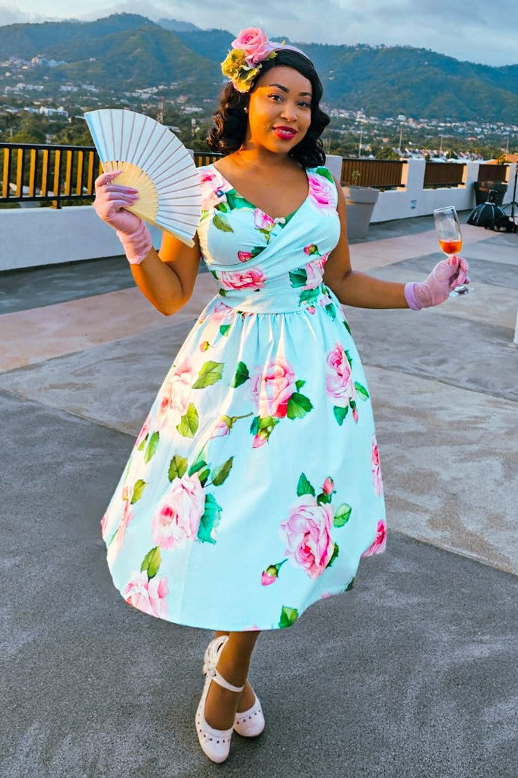 May Crossover Bust Baby Blue Rose Dress