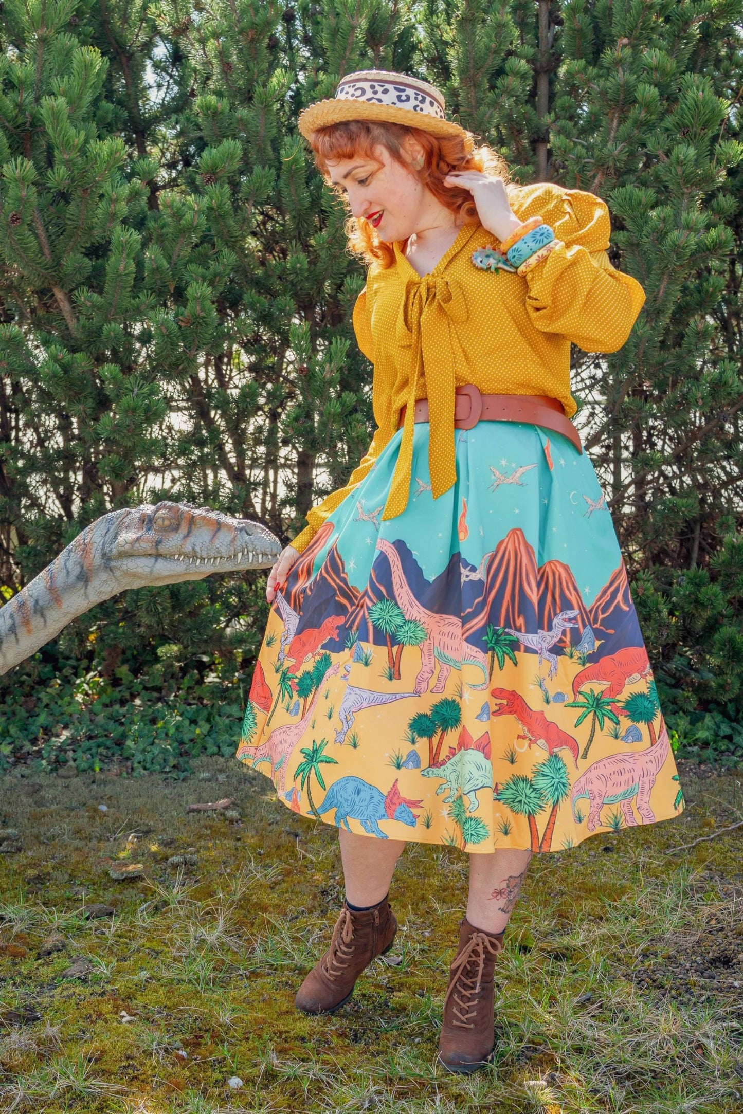 Aisley Dinosaur Extinction Pleated Midi Skirt