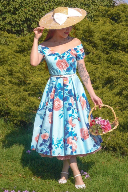 Lily Summer Rose Off Shoulder Dress In Light Blue