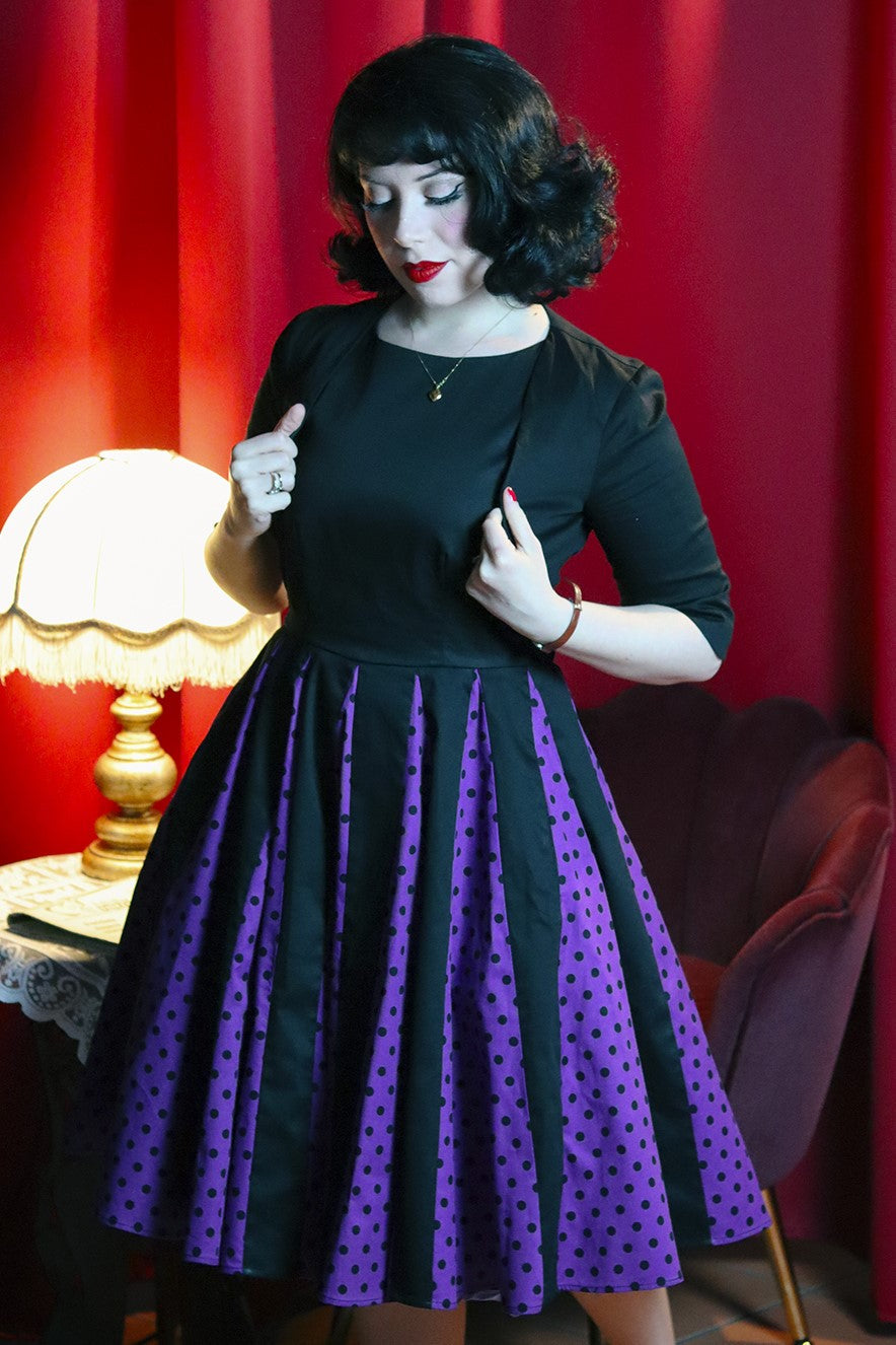 Judith Pleated Black/Purple Dress With Polka Dots
