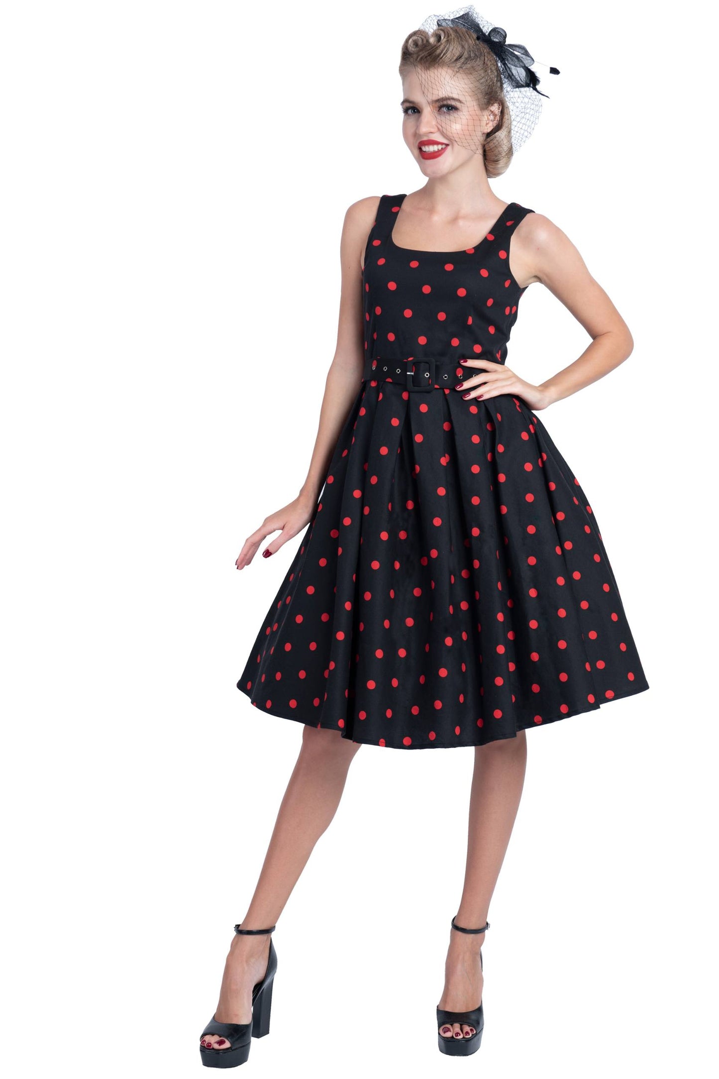 Amanda Retro Polka Dot Swing Dress in Black & Red