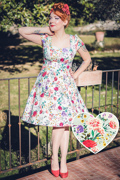 Claudia Flirty Fifties Swing Floral Dress in Green