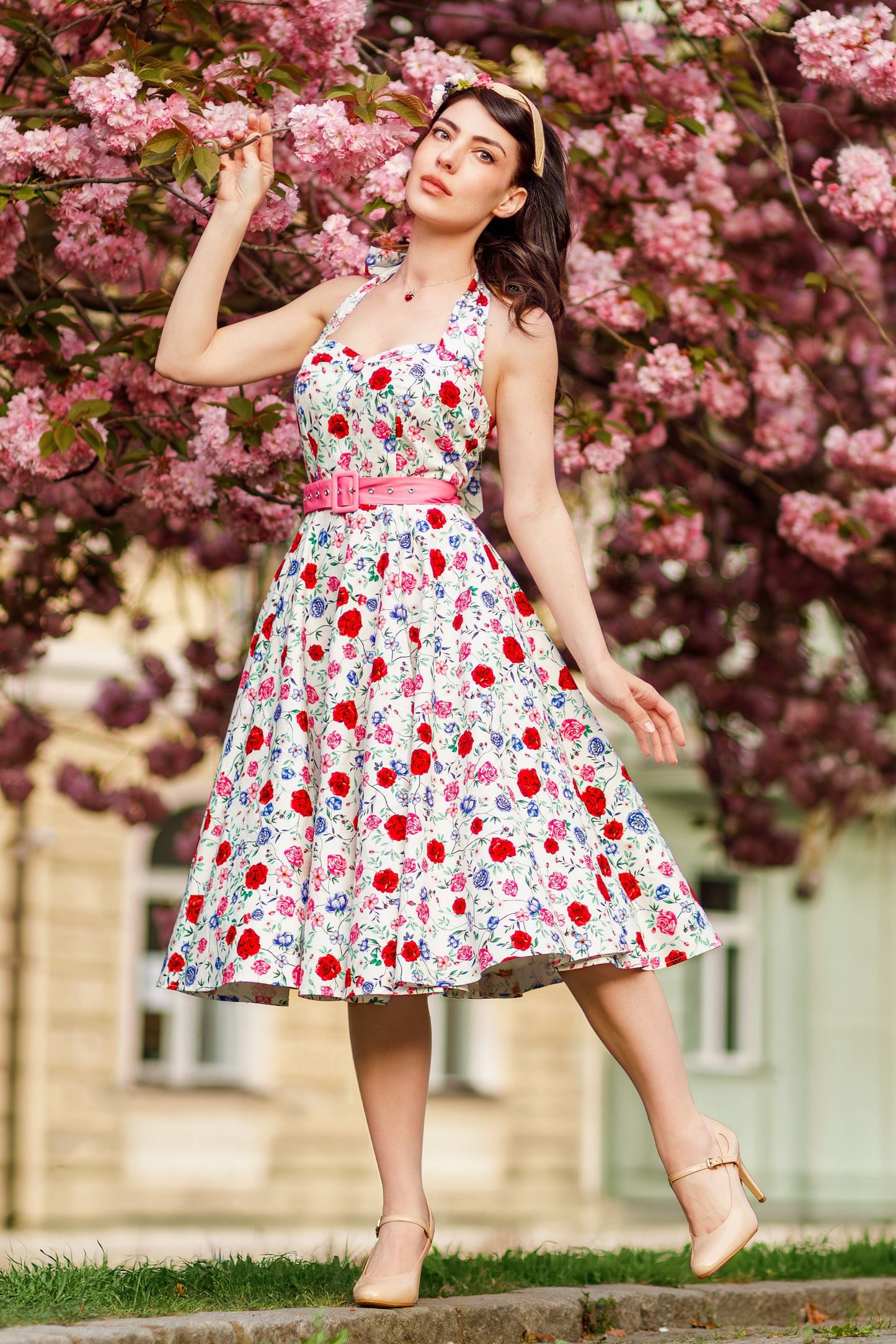 Daisy White Rose Halter Dress