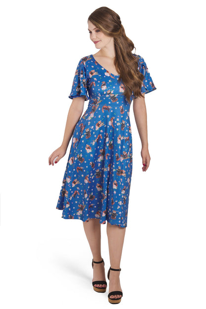 Janice Blue Short Sleeved Tea Dress in Red Panda Print