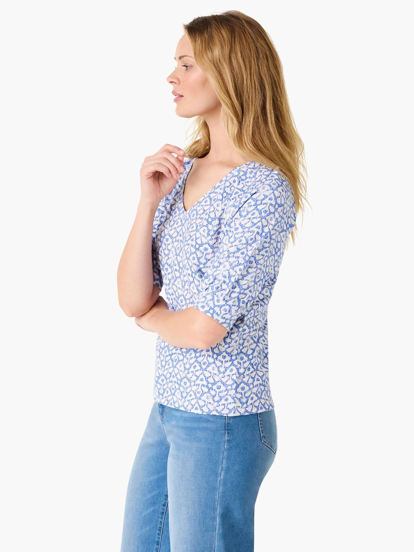 NZT Dotty Ikat Elbow Sleeve V-Neck Tee