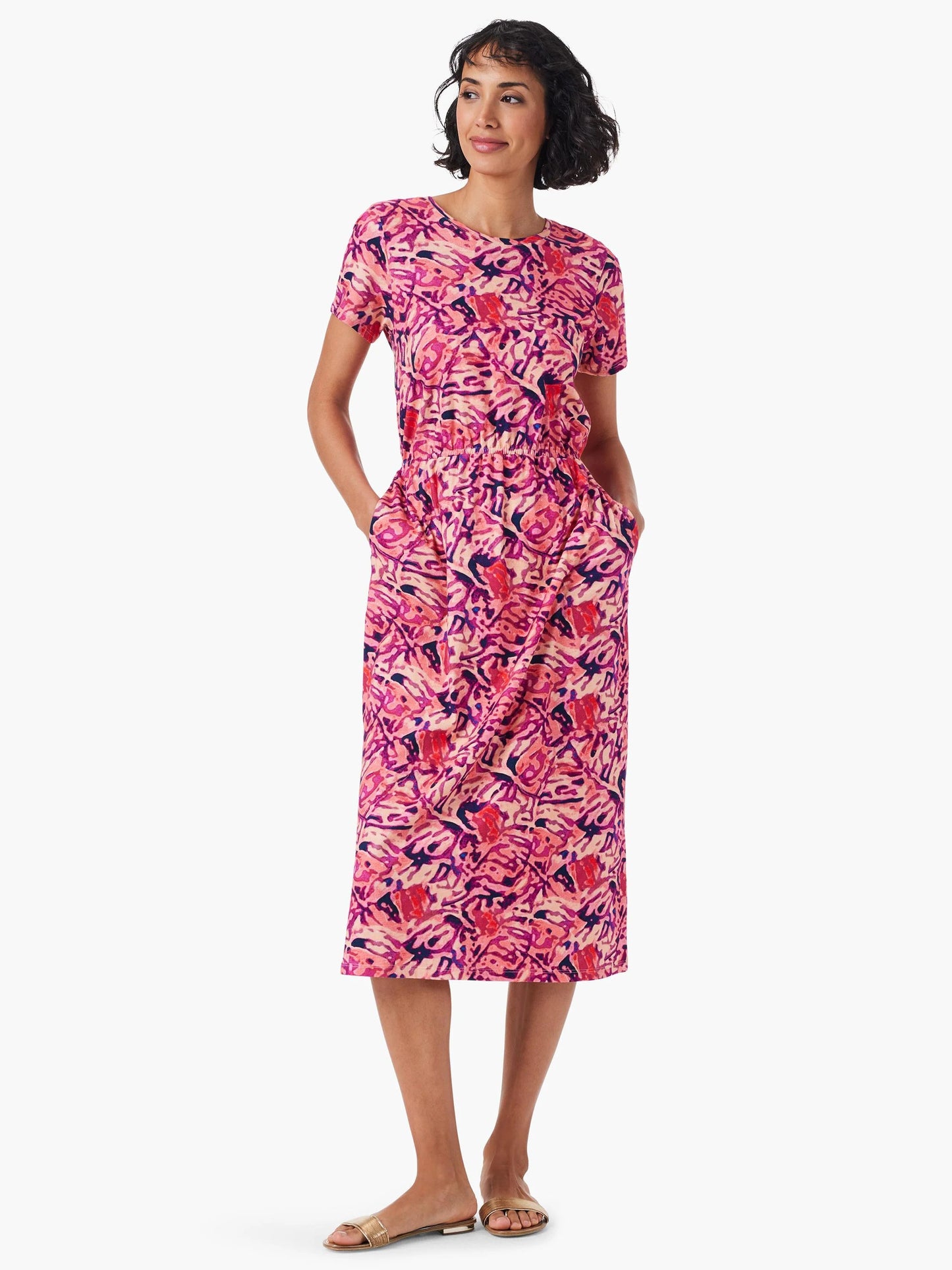 NZT Floral Short Sleeve Slit Midi Dress