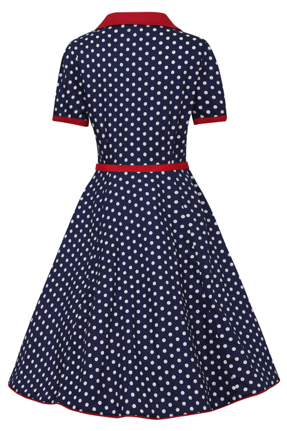 Penelope Navy Blue Polka Dot Rockabilly Shirt Dress