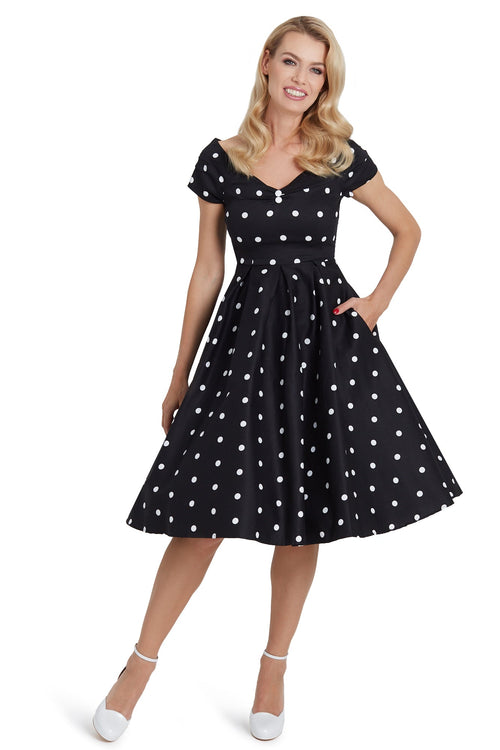 Lily Off Shoulder Polka Dot Full Circle Dress in Black & White