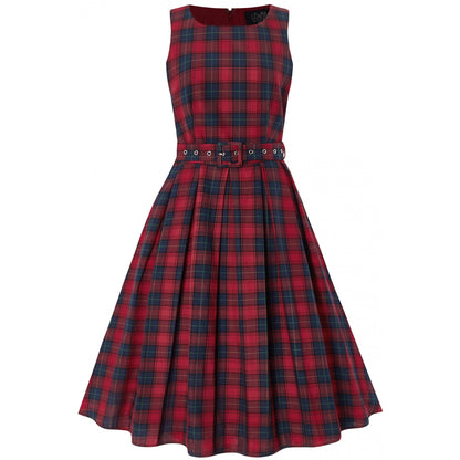 Annie Retro Check Swing Dress in Red-Blue