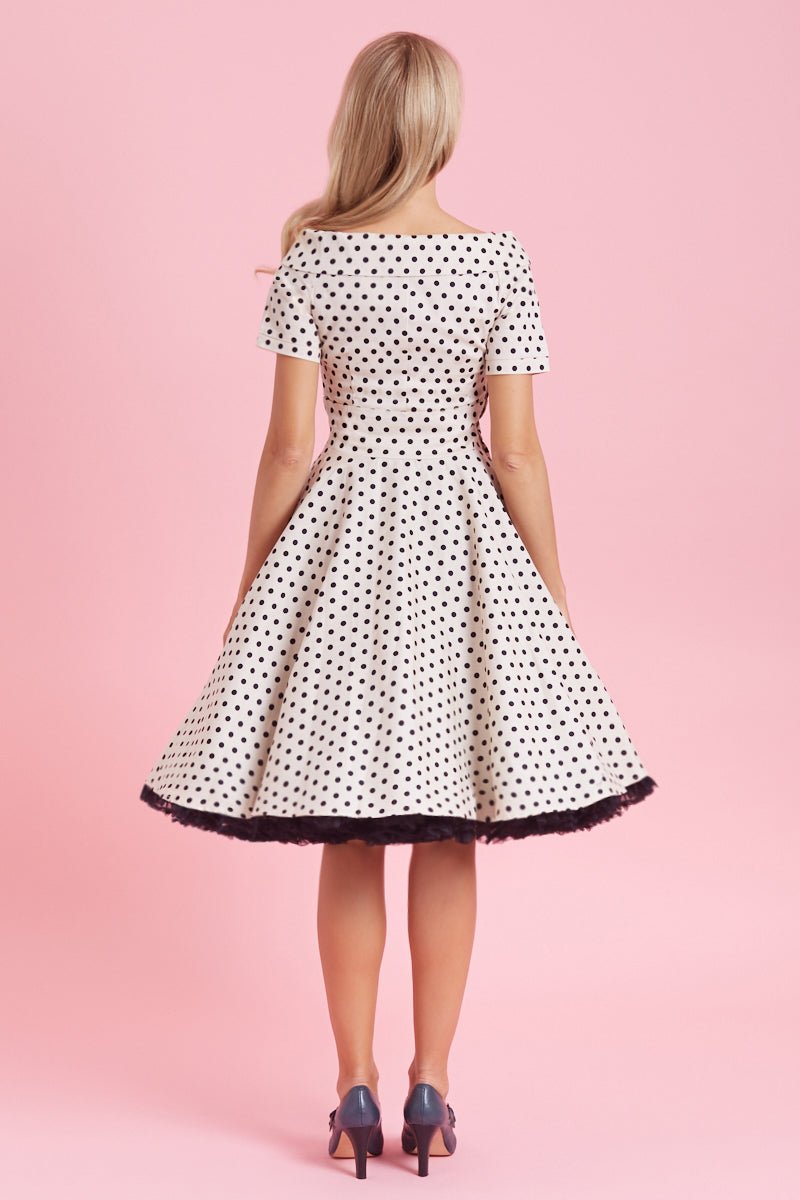 Darlene Retro Polka Dot Swing Dress in Beige