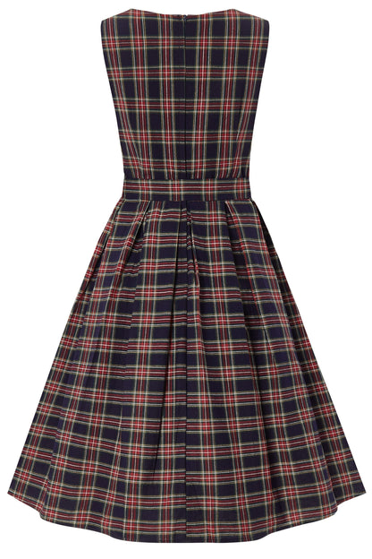 Annie Retro Check Swing Dress in Dark Blue & Red