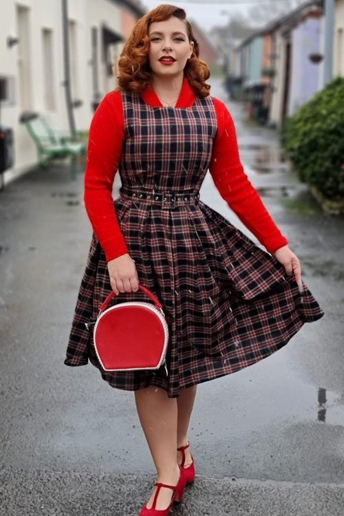 Annie Retro Check Swing Dress in Dark Blue & Red