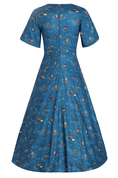 Janice Teal Blue Sleeved Tea Dress In Otter Animal Print