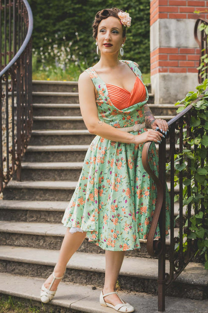 Grace Green Floral Dragonfly Pleated Bust Dress